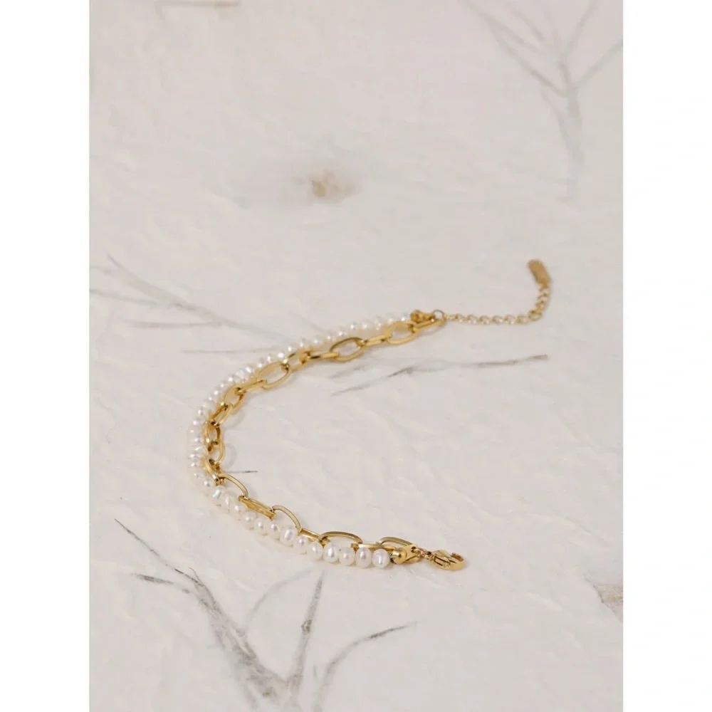 2in1 Zara Gold Genuine White Pearl Line 2-Linked Chained Bracelets